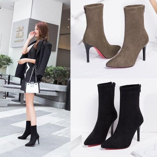 Dropshipping New Women Sock Boots Pointed Toe Elastic High Slip on Heel High Ankle Pumps Stiletto Botas Mujer High Boots Zapatos