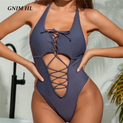 GNIM Sexy Hollow Out Bandage Bikini Swimsuit Women 2020 Summer Solid Bathing Suit Women One Piece Backless Swimwear Biquini New