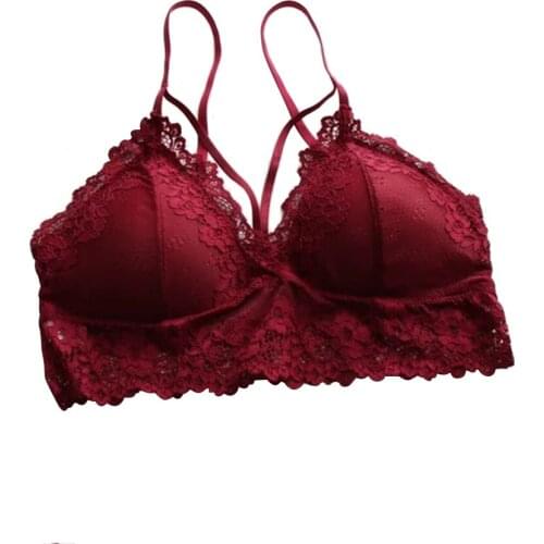 4 Colours Women Sexy Wire Free Strappy Lace polyester Elastic Bandage Bra Padded Super Stretch Comfort Cross Bralette Lingerier