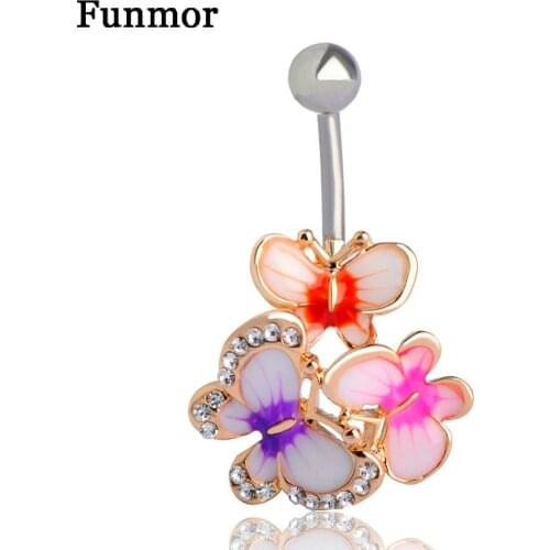 Gold Enamel Esmalte Crystal Body Feminino Umbigo Body Jewelry Navel Piercing Butterfly Belly Ring Medical Steel Umbilical Ring