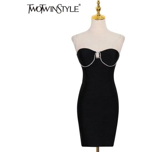 TWOTWINSTYLE Sexy Party Backless Sling Dress For Women Square Collar Sleeveless High Waist Patchwork Diamond Dresses Female 2020
