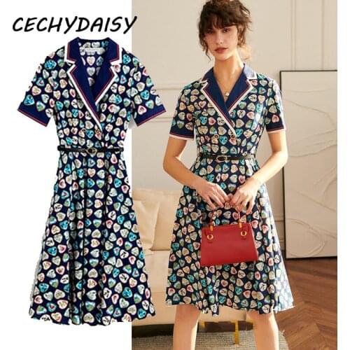 Vintage Dress Women Striped Turn-Down Collar Love Letter Printed Short Sleeve Elegant A-Line Fashion Party Night Dresses 2021 Za