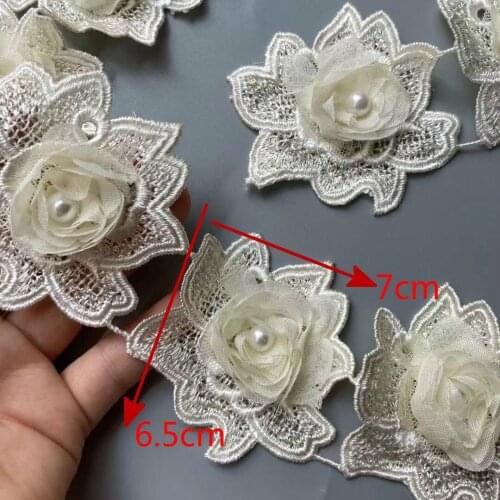 10X Ivory 7 X 6.5 cm Rose Pearl 3D Flower Tassel Lace Edge Trim Ribbon Fabric Embroidered Applique Sewing Craft Wedding Dress