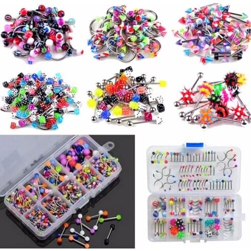 60Pcs/Box Hot Sale Mixed Lip Piercing Barbell Eyebrow Navel Tongue Belly Rings Body Fashion Jewelry Wholesale