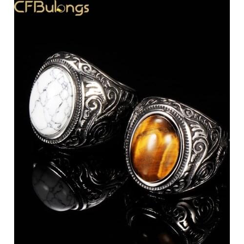 CFBulongs Retro Men Oval Tiger Eye Brown Ring Stainless Steel Fashion Men Jewelry Accessories Wholesale