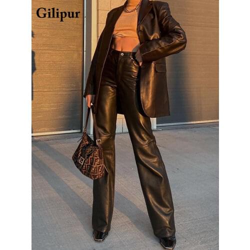 Black Faux Leather Pants Women 2021 New Straight Leg Pants Fashion Harajuku Black Baggy Trouser Casual Elegant High Waist Pants