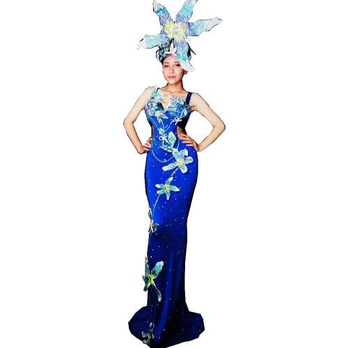 Floral Rhinestones Appliques Floor-Length Dress Personality Headwear Show Waist Backless Dresses Party Evening Costume Women