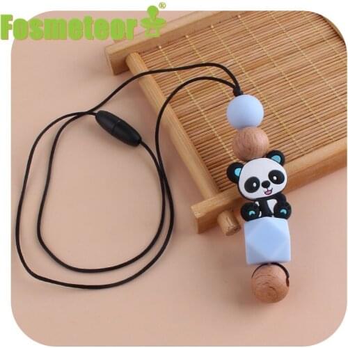 Fosmeteor Woodens Beads Silicone Beads Cute Panda Toddler Infant Baby Necklace Teething Toys Mom Necklace for Newborn