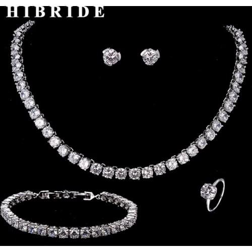 HIBRIDE Clear Round Crystal CZ Stone Around Necklace/Ring/Bracelet/Earring Sets Women Wedding Bridal Jewelry Set N-208
