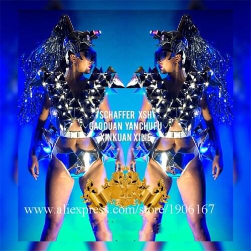 Nightclub Space Stars Mirror Metal Bikini Suit Led Luminous Headwear Halloween Christmas Party Event Mirror Clothes DS Costume