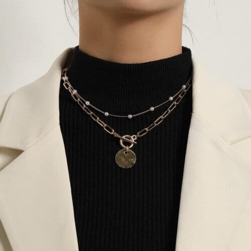 Fashion Elegant Imitation Pearl Thick Chains Round Pendant Necklace for Women Punk Geometric Sweater Chains Jewelry Necklaces