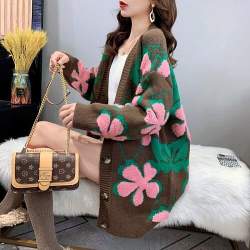 Fashion Three-dimensional Flower Cardigan Autumn and Winter Womens Sweater V-neck Long Loose Korean Sweater Jacket Womens Top