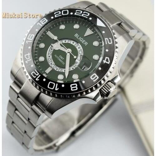 Bliger mens top luxury watch 43mm sapphire glass luminous marks green dial Ceramic Bezel GMT automatic mens watches