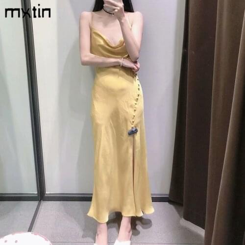 MXTIN 2021 Women Summer Vintage Solid Split Midi Dress Fashion V-Neck Sleeveless Backless Tin Straps Female Party Dresses Mujer