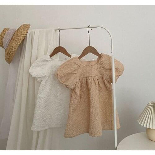 2021 Summer New Kids Dress Korean Loose Outfits Puff Sleeve Square Collar Girls One Piece Solid Casual Clothes