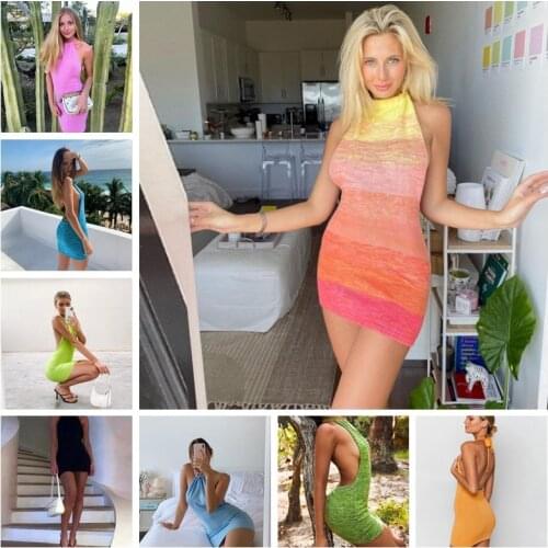 Fashion Sexy Knitted Tank Dress Summer Clothes Vacation Club Women Backless Halter Mini Dresses