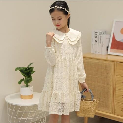 Girl Dresses Spring Kids Dresses for Girls Summer Peter Pan Collar Hollow Lace Princess Dress Elegant Childrens Clothing 4 -16