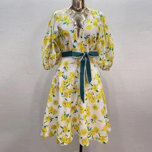 Runway Fashion Women Summer Dress 2021 High Quality Cotton V-Neck Puff Sleeve With Belt Yellow Flower Print XXL Party Dress