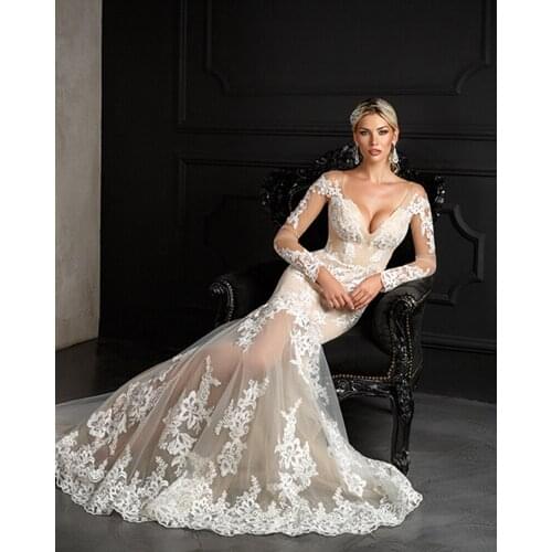 Robe de Mariee V-neck Mermaid Wedding Dress Long Sleeve Champagne Tulle Luxury Vestido de Noiva Sereia Princess Hochzeitskleid