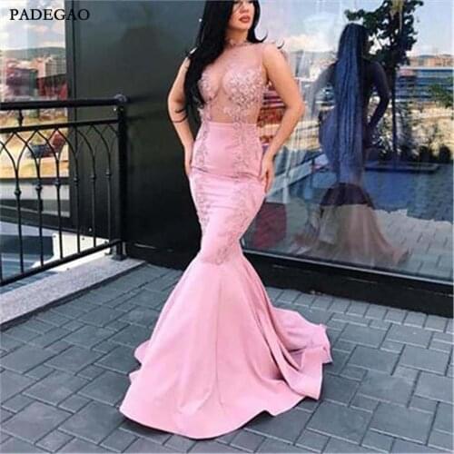 Sexy Pink Evening Dresses Mermaid Appliques Sleeveless Sweep Train Ruffles Long Satin Evening Dress Plus Size