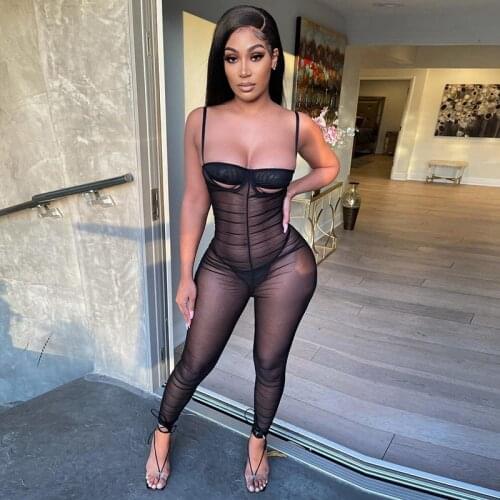 Y2K Sexy Mesh See Through Ruched Camis Jumpsuit Women Hollow Out One Piece Overall Solid Black Rompers Skinny Party Clubwear