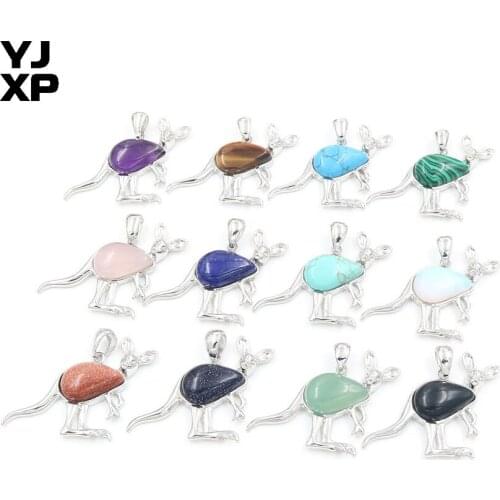 YJXP Adorable Kangaroo Stone Pendant Inlay Natural Crystal Rose Quartzs Water Drop Shaped Animal Pendants Charms Jewelry 1 Pcs