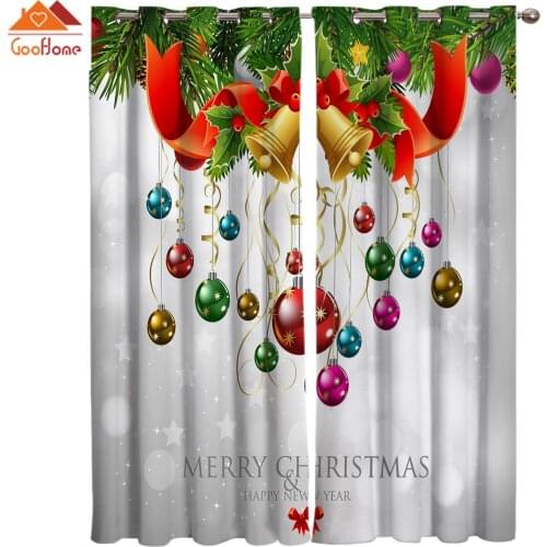 Merry Christmas Tree And Bell Window Curtains Living Room Outdoor Fabric Drapes Curtain Home Decor