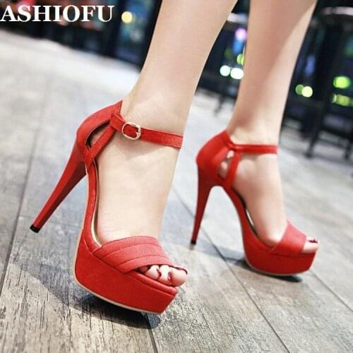 ASHIOFU Handmade Hot Sale Ladies 12cm Super-heeled Sandals Buckle Strap Sexy Platform Summer Shoes Evening Club Fashion Sandals