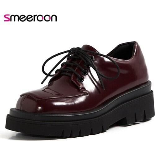 Smeeroon 2021 Spring Summer Women Pumps Genuine Leather Shoes Lace Up Fashion Comfortable Punk Casual Shoes Woman Black