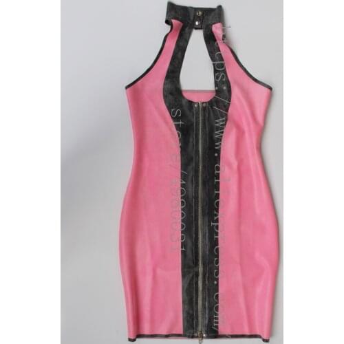 Womens erotic latex dress pink backless latex dress ultra short mini attached front zip and with black trim decoration