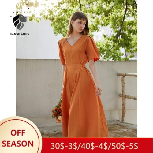 FANSILANEN Office Lady V-neck Casual Puff Sleeve High Waist Dress Summer 2021 New Retro French X-shaped Orange Zipper Dress