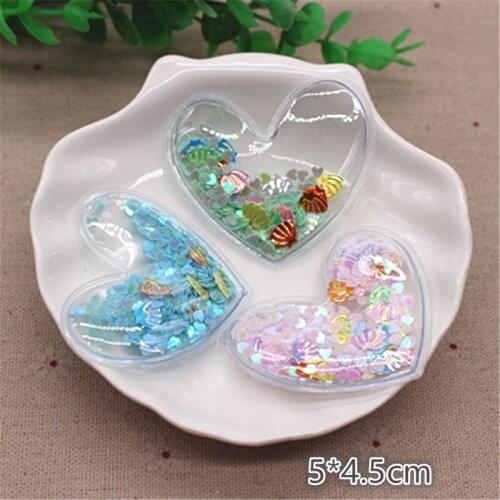 10pcs 5*4.5cm Heart Transparent Bling Heart Conch Sequin Flowing Patches Appliques for Kids Clip DIY Hair Clip Accessories