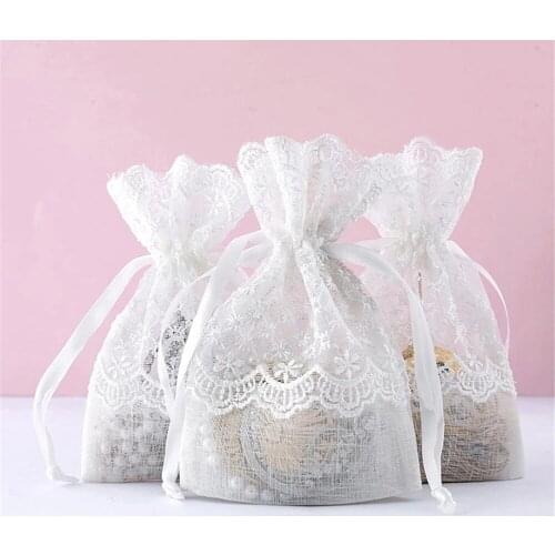 White Drawstring Lace Mesh Bags Jewelry Gifts Packaging Bag Wedding Party Biscuit Candy Chocolate Bag Pouches 10x14cm