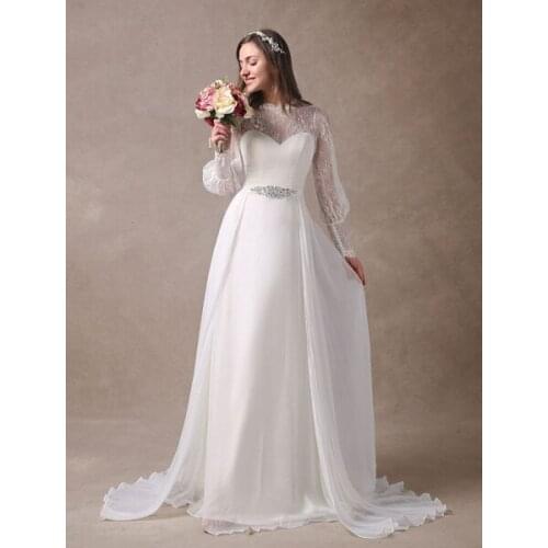 White Wedding Dresses Long Sleeve Lace Chiffon Beading Sash Illusion Beach Bridal Dress With Train