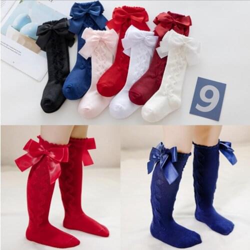 Wide Ribbon Bowknot Design Kids Socks for Girls Clothes Spring Autumn Cotton Kniited Children Leg Warmers Socken Calcetines