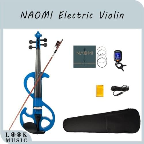 NAOMI Electric Violin 4/4 Full Size Blue Solid Wood Silent Violin with Audio Cable and Rosin for Beginners Adults Teens