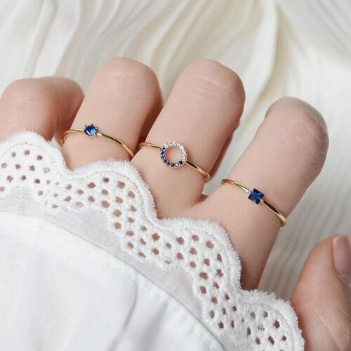 Delicate Jewelry 14K Gold Plated Adjustable Crystal Rings for Women Luxury Blue Zircon Engagement Square Rings Set
