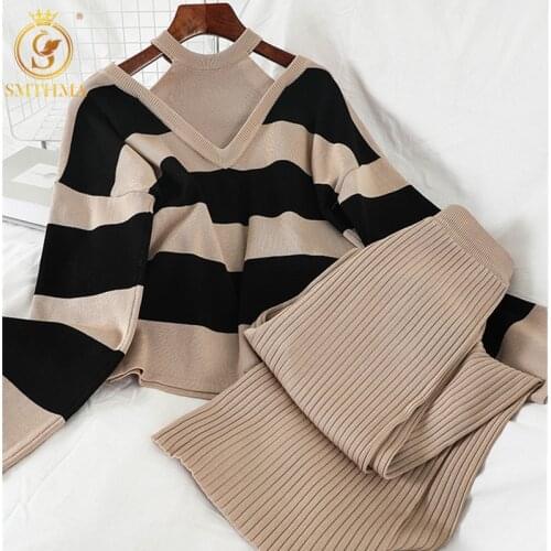 New Autumn And Winter Two Pieces Set Women Knitted Pullovers Sweater Stripe Jumper Tops + Wide Leg Long Pants Tracksuits