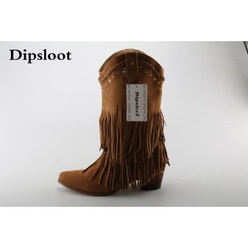 Hot Camel Suede Leather Women Slip On Fringe Boots Pointy Toe Cowboy Style Ladies Western Boots High Quality Med Heel Rivet Boot