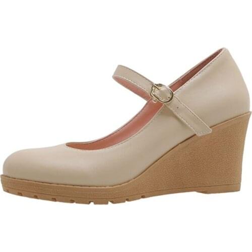 LIHUAMAO Vintage women wedges platform round toe ankle strap pumps high heel wedding party comfortbale casual shoes