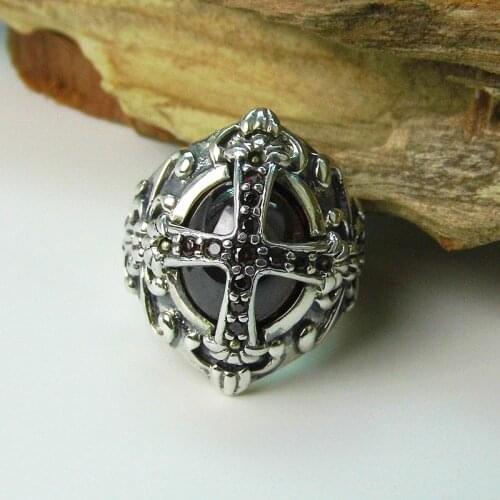 S925 Sterling Silver Retro Thai Silver Cross Ring Exaggerated Atmospheric Ring Mens Finger Ring New