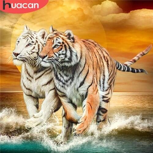 HUACAN Diamond Painting Kit Tiger Home Decor Embroidery Cross Stitch Sunset Sea Scenery Mosaic Animal Wall Stickers