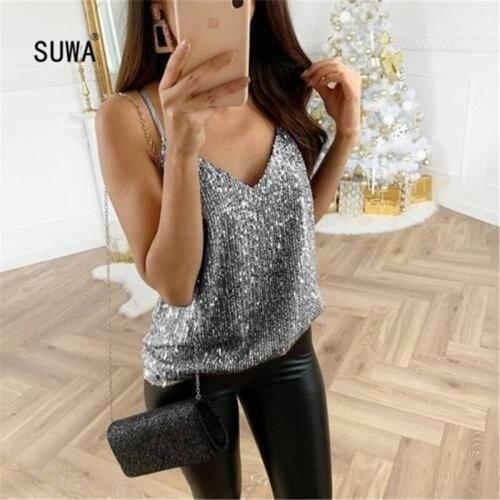 Wholesale Sparkling Sequined Pullover T-shirt Summer Fashion Streetwear Women Spaghetti Strap V Neck Sleeveless Tee Top