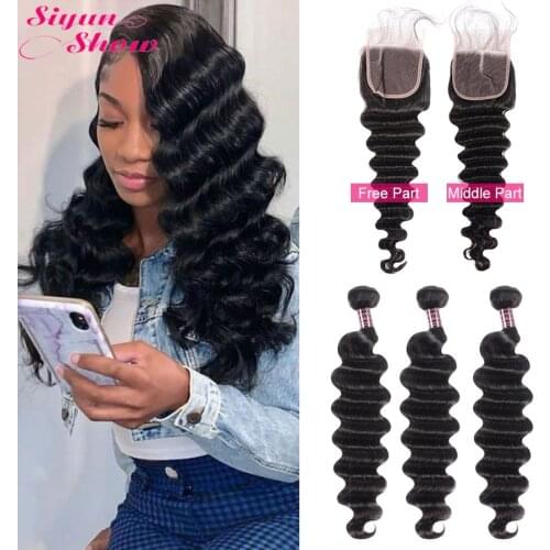 Siyun Show Loose Deep Wave Bundles With Closure Remy Brazilian Human Hair Bundles With Closure Wet And Wavy Bundles With Closure