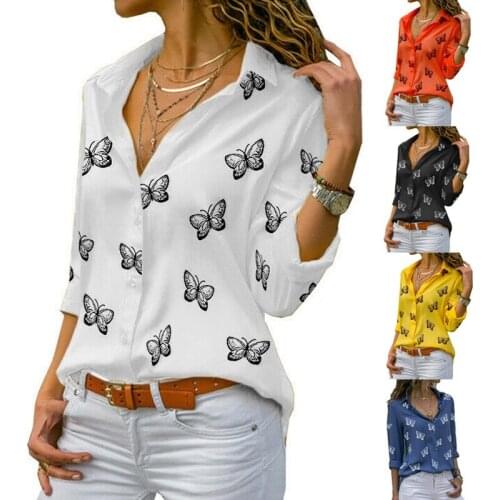 Plus Size V-neck Womens T Shirts Butterfly Printed Casual Loose Tops Long Sleeve Button Blouse S-5XL
