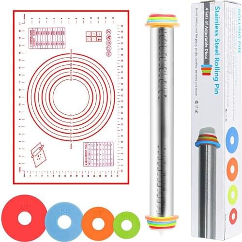 Adjustable Baking Roller Stainless Steel Rolling Pin Dough Mat Roller Fondant Pizza Pie Cake Tool Kitchen Pastry Accessories