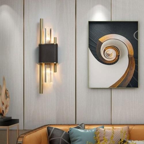 Luxury Modern Crystal Leather Gold Black Wall Lamp Bedroom Living Room Aisle TV Background Minimalist Bedside LED Light