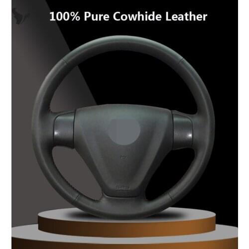 Hand-stitched Black Genuine Leather Steering Wheel Cover for Kia 2005 2006 2007 2008 2009 Kia Rio 2007 Rio Hyundai Accent