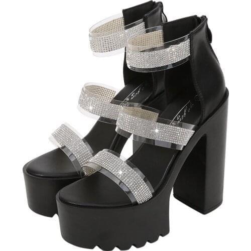 Women Platform Sandals Mid Heel Summer Slip-on Ladies Shoes Waterproof PVC ZIP 15CM Thick High Heels Rhinestone womens shoes