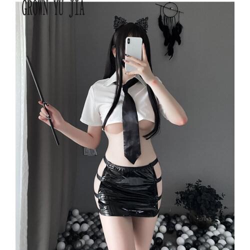 Sexy Role Play Office OL Secretary Outfit Erotic Latex PU Skirt for Sex Fetish Lingerie Porno Cosplay Costume Teacher Uniforms